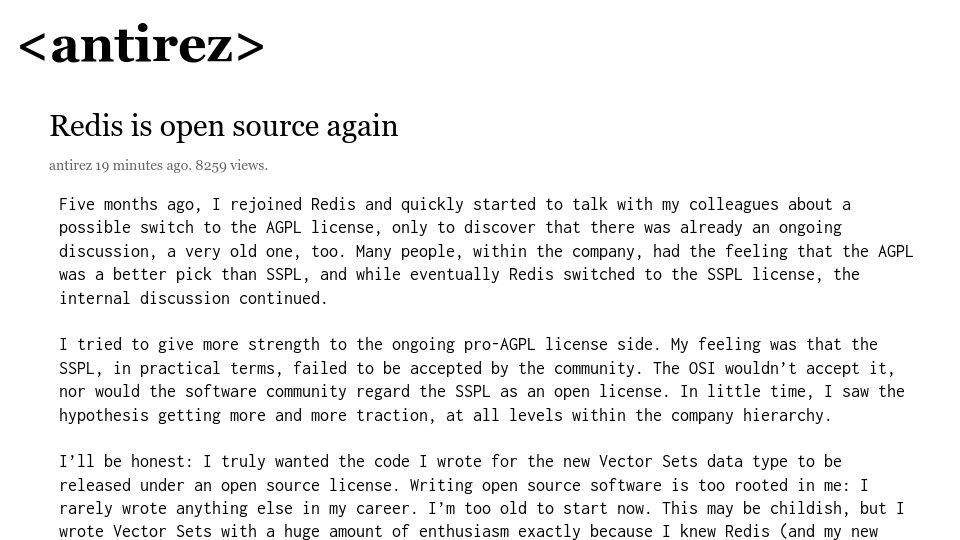 Screenshot of antirez.com: Redis is open source again