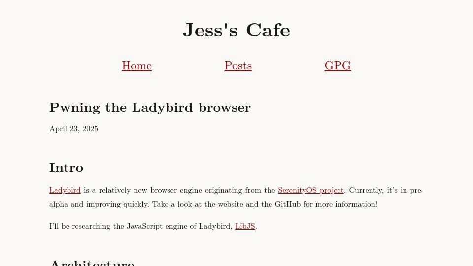 Screenshot of jessie.cafe: Pwning the Ladybird Browser