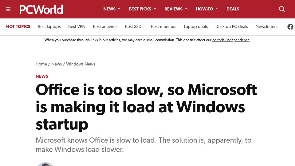 Screenshot of pcworld.com: Office is too slow, so Microsoft is making it load at Windows startup