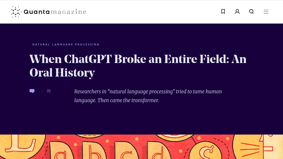 Screenshot of quantamagazine.org: When ChatGPT broke the field of NLP: An oral history