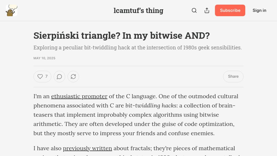 Screenshot of lcamtuf.substack.com: Sierpiński Triangle? In My Bitwise and?