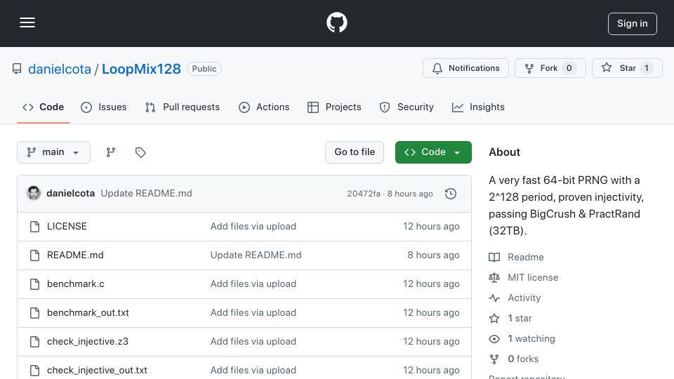 Screenshot of github.com: Show HN: LoopMix128 – Fast C PRNG (.46ns), 2^128 Period, BigCrush/PractRand Pass