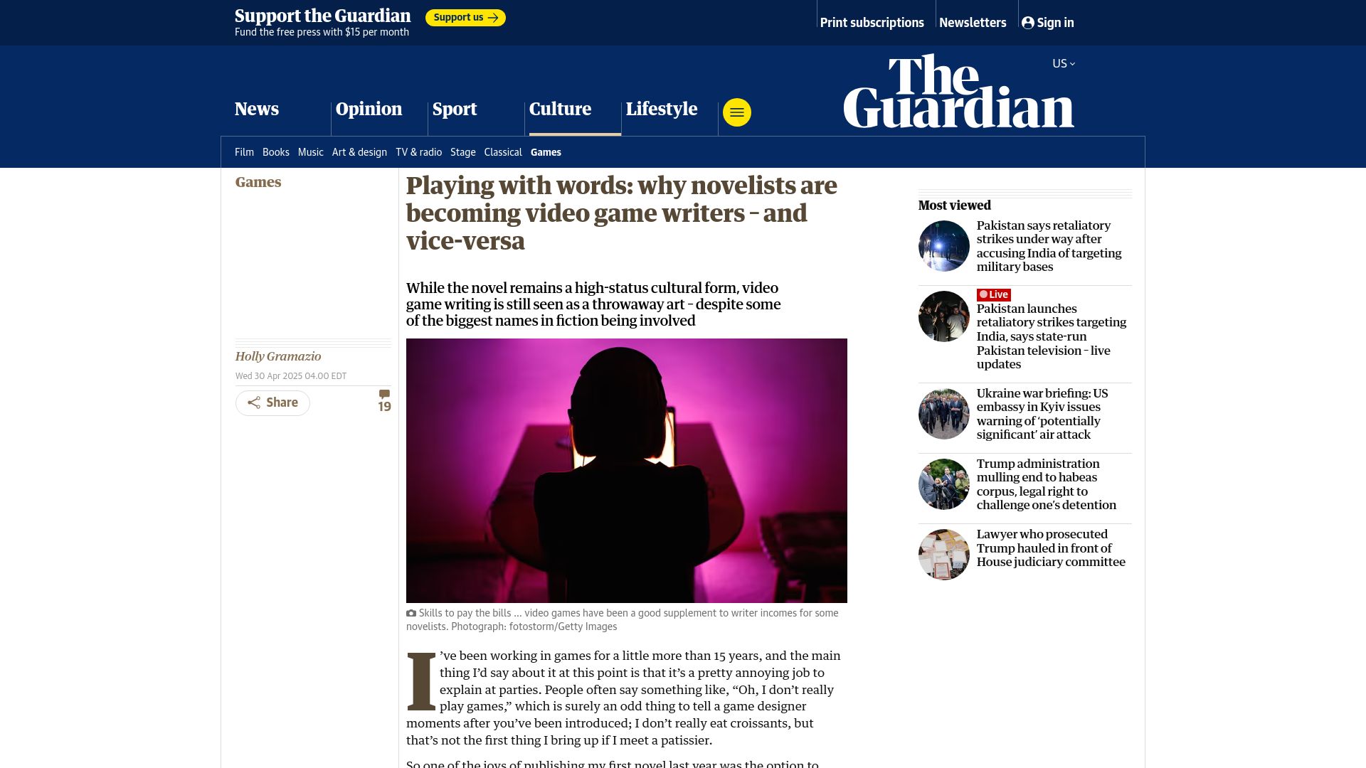Screenshot of theguardian.com: Some novelists are becoming video game writers – and vice-versa