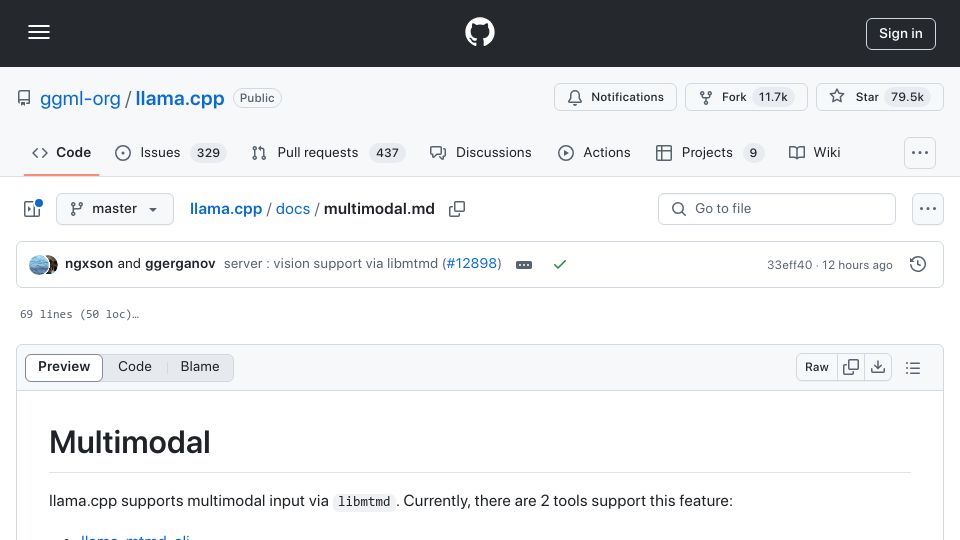 Screenshot of github.com: Vision Now Available in Llama.cpp