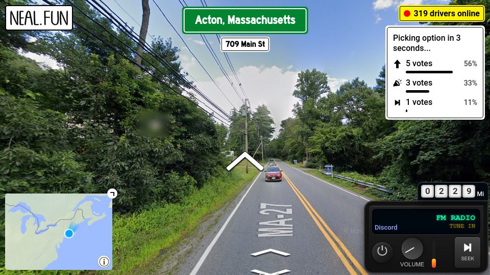 Screenshot of neal.fun: Internet Roadtrip: Vote to steer