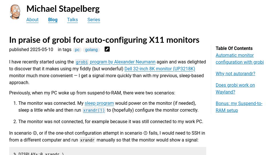 Screenshot of michael.stapelberg.ch: In praise of grobi for auto-configuring X11 monitors