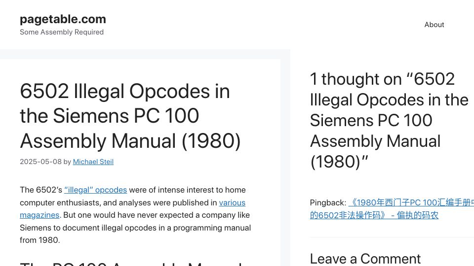 Screenshot of pagetable.com: 6502 Illegal Opcodes in the Siemens PC 100 Assembly Manual