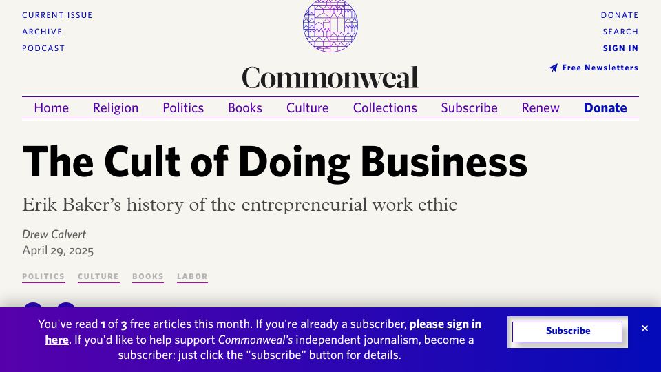Screenshot of commonwealmagazine.org: The cult of doing business
