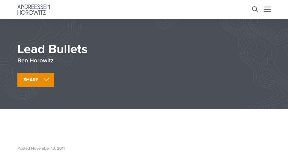 Screenshot of a16z.com: Lead Bullets (2011)
