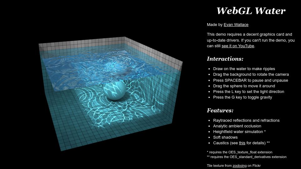 Screenshot of madebyevan.com: WebGL Water (2010)