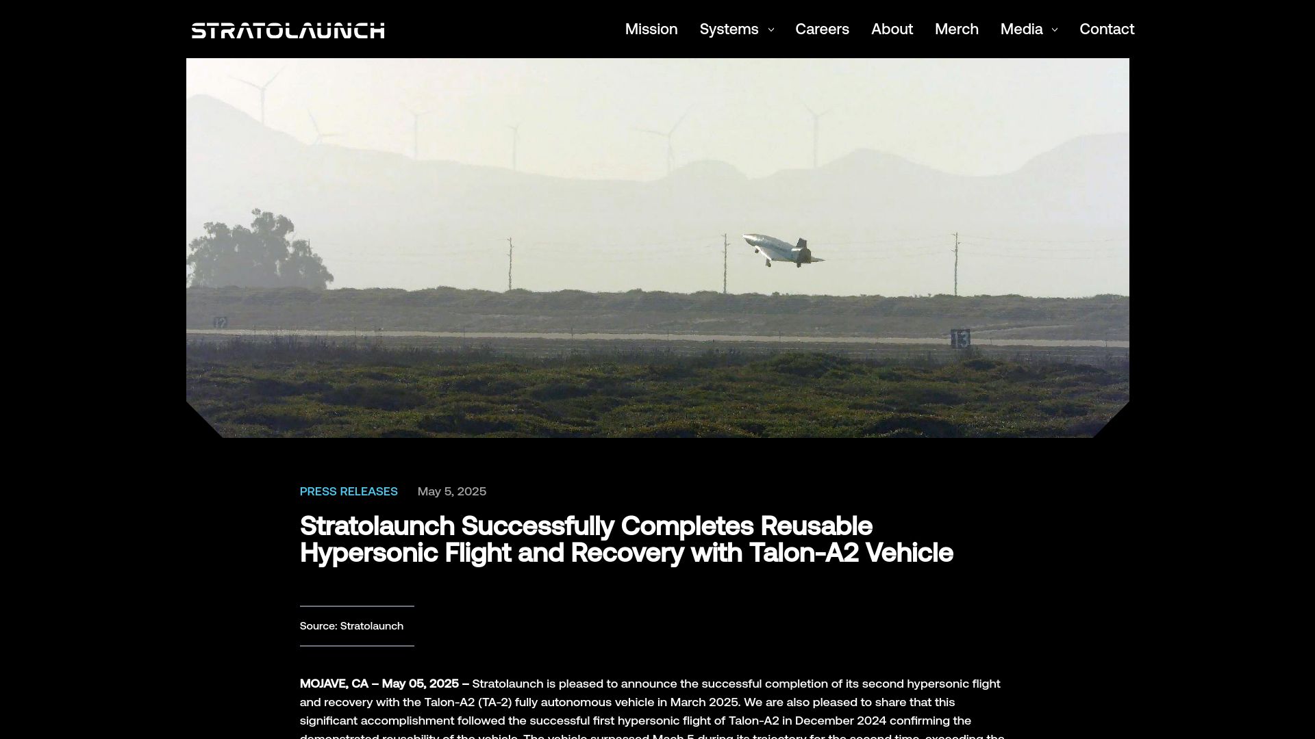 Screenshot of stratolaunch.com: Stratolaunch Successfully Completes Reusable Hypersonic Flight and Recovery