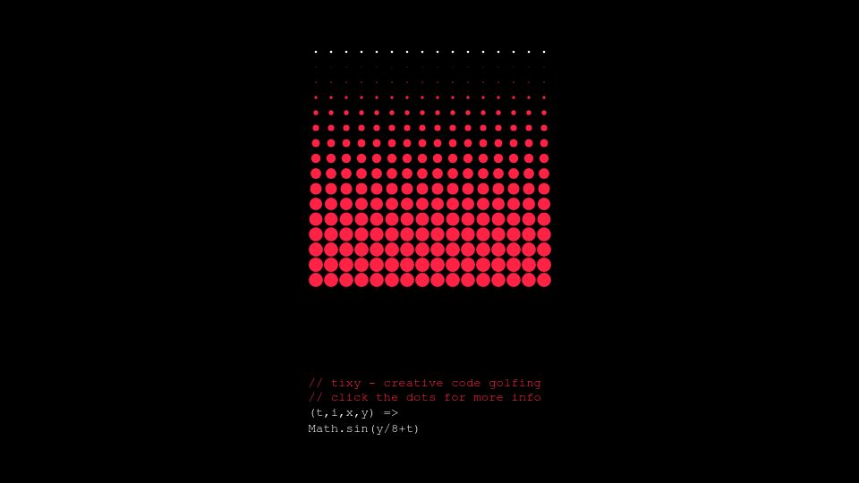 Screenshot of tixy.land: A simple 16x16 dot animation from simple math rules