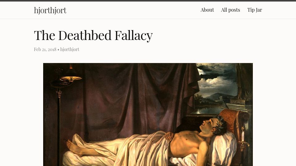 Screenshot of hjorthjort.xyz: The Deathbed Fallacy (2018)