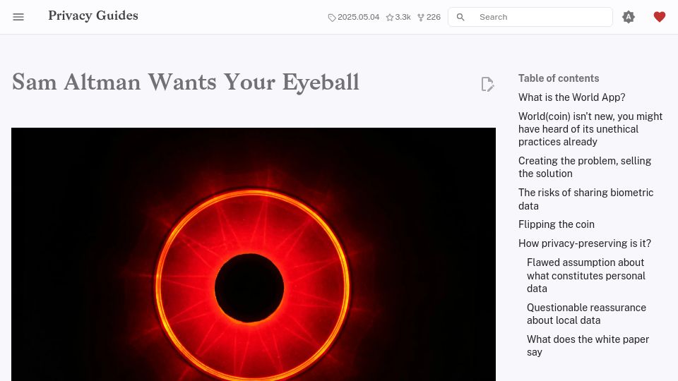 Screenshot of privacyguides.org: Sam Altman Wants Your Eyeball