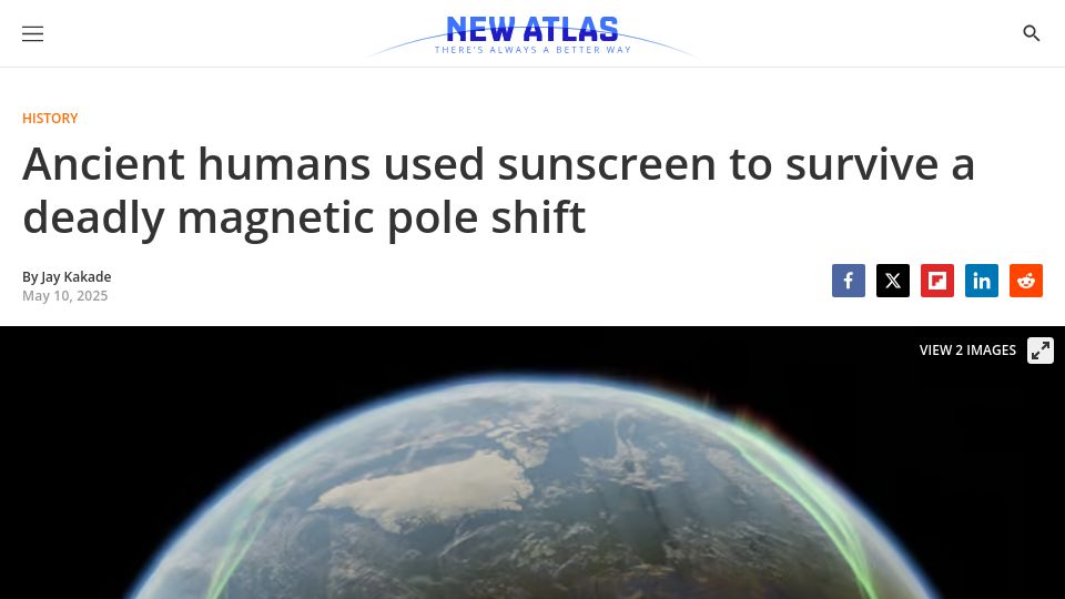 Screenshot of newatlas.com: Ancient humans used sunscreen to survive a deadly magnetic pole shift