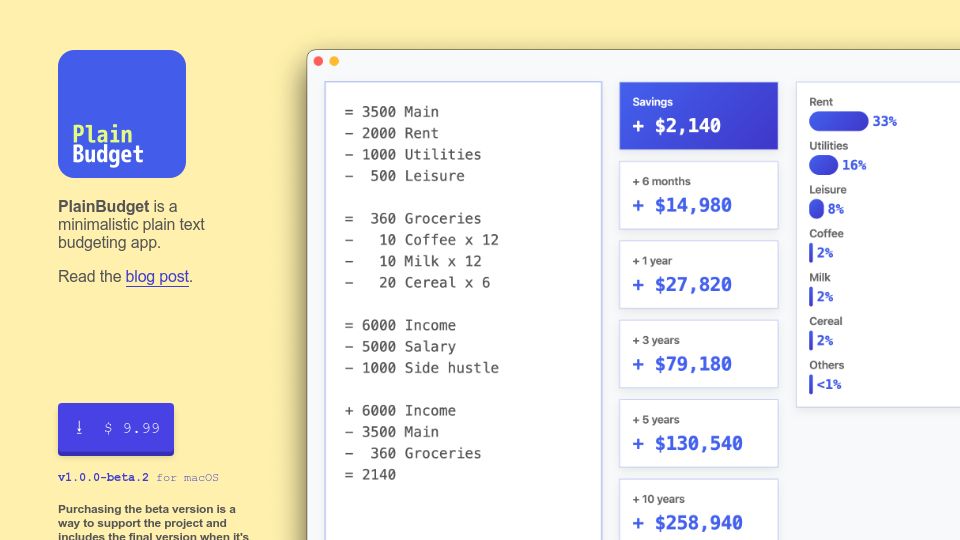 Screenshot of plainbudget.com: PlainBudget – Minimalist Plain Text Budgeting