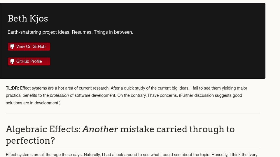 Screenshot of kjosib.github.io: Algebraic Effects: Another mistake carried through to perfection?
