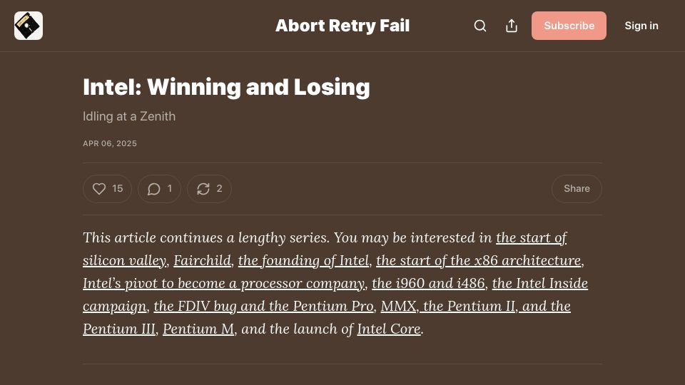Screenshot of abortretry.fail: Intel: Winning and Losing