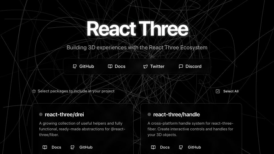 Screenshot of react-three.org: React Three Ecosystem