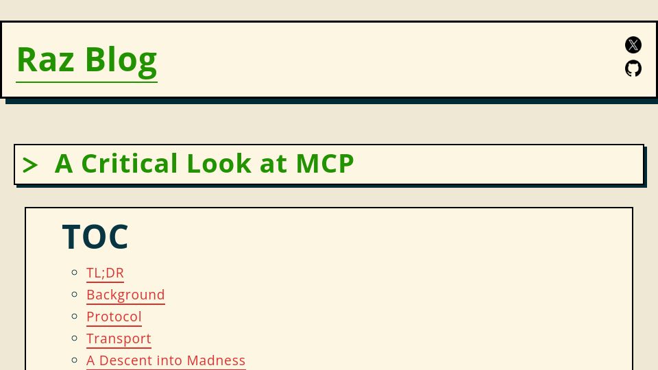 Screenshot of raz.sh: A critical look at MCP