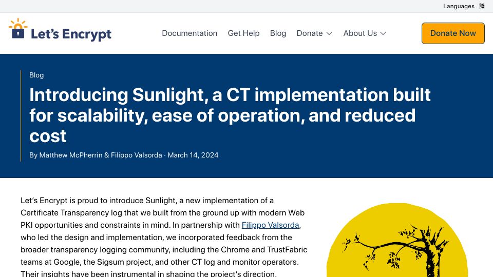 Screenshot of letsencrypt.org: Sunlight: A certificate transparency implementation built for scalability, ease
