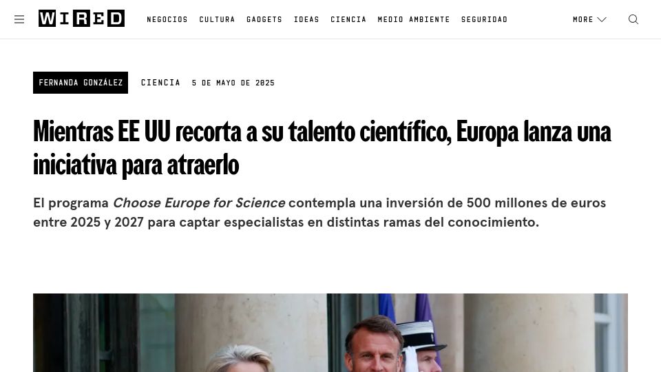Screenshot of es.wired.com: Europe launches program to lure scientists away from the US