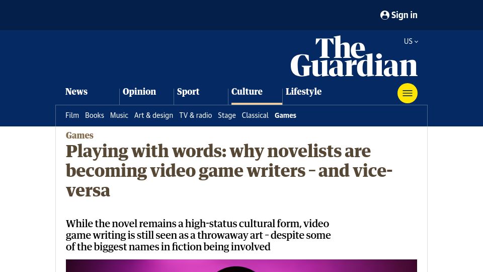 Screenshot of theguardian.com: Some novelists are becoming video game writers – and vice-versa