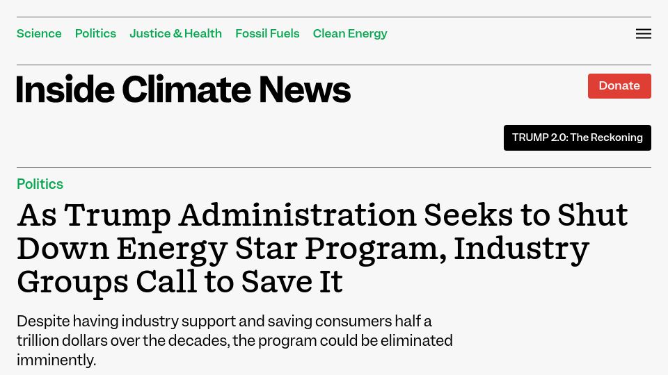 Screenshot of insideclimatenews.org: Industry groups are not happy about the imminent demise of Energy Star