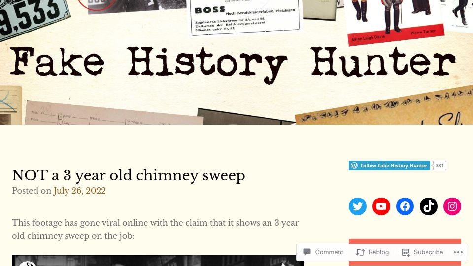 Screenshot of fakehistoryhunter.net: Not a three-year-old chimney sweep (2022)