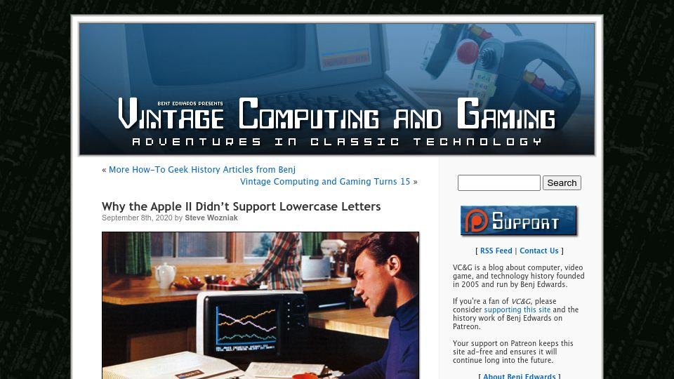 Screenshot of vintagecomputing.com: Why the Apple II Didn't Support Lowercase Letters (2020)