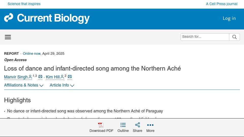 Screenshot of cell.com: Loss of dance and infant-directed song among the Northern Aché