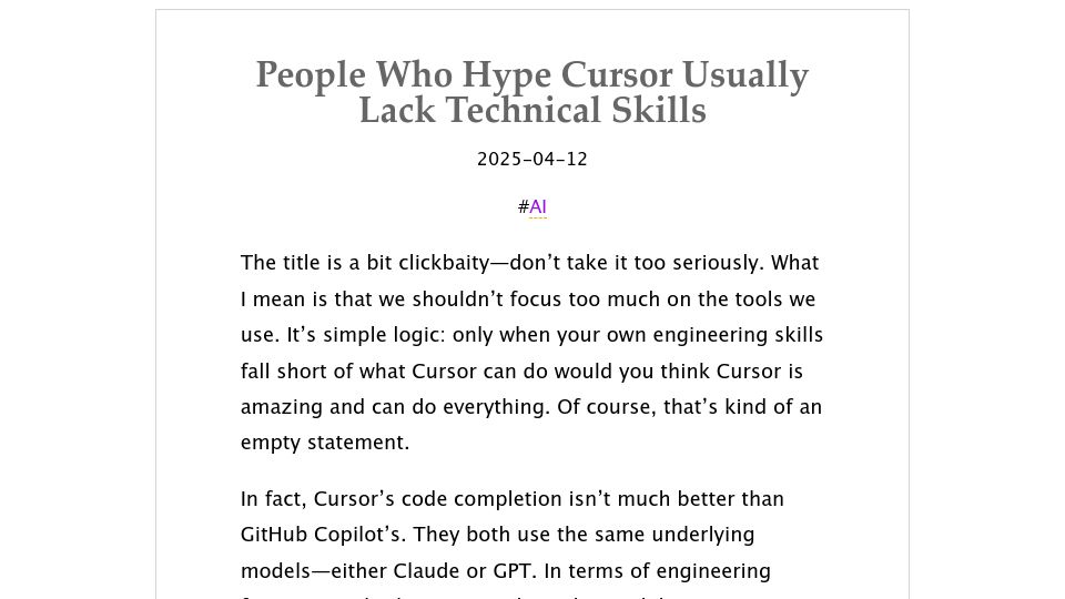 Screenshot of en.smallyu.net: People Who Hype Cursor Usually Lack Technical Skills
