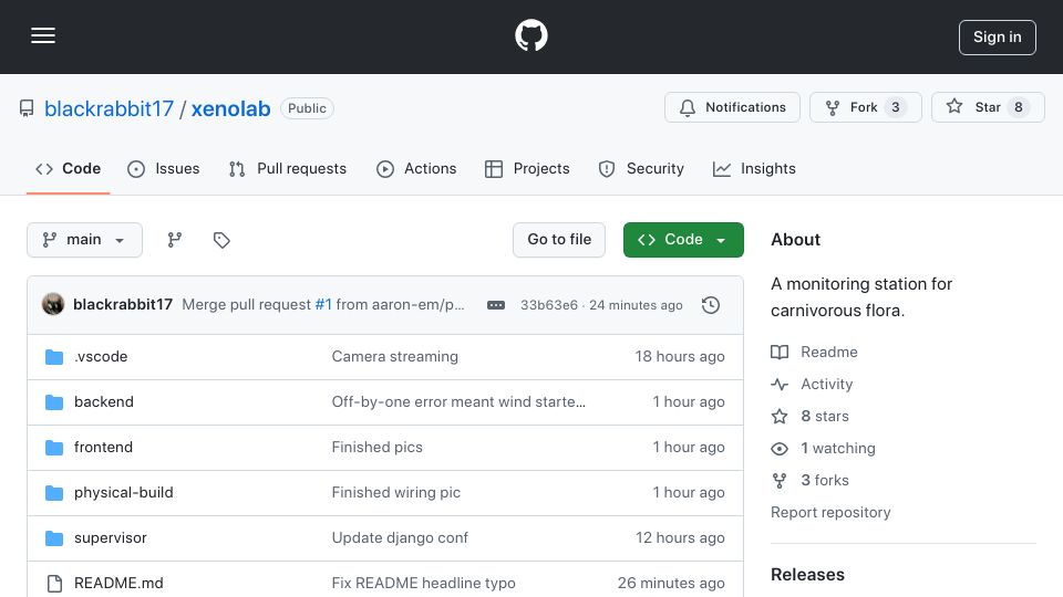 Screenshot of github.com: Show HN: Xenolab – Rasp Pi monitor for my pet carnivourus plants