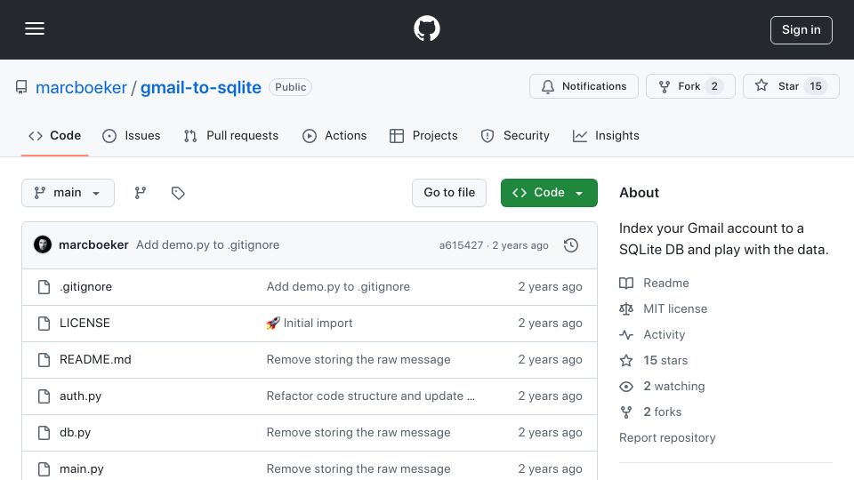 Screenshot of github.com: Gmail to SQLite