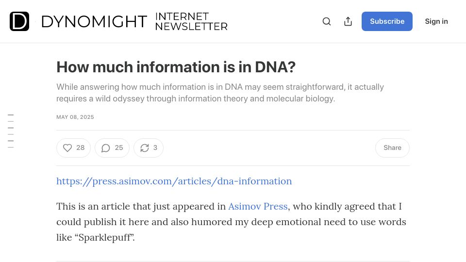 Screenshot of dynomight.substack.com: How much information is in DNA?