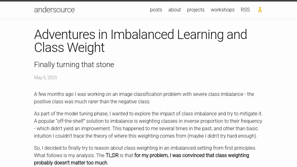 Screenshot of andersource.dev: Adventures in Imbalanced Learning and Class Weight
