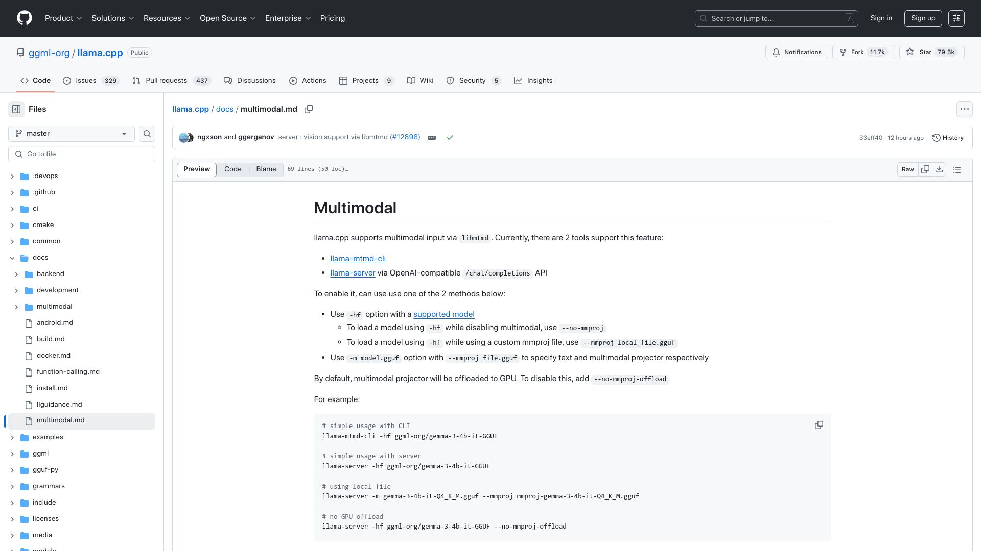 Screenshot of github.com: Vision Now Available in Llama.cpp
