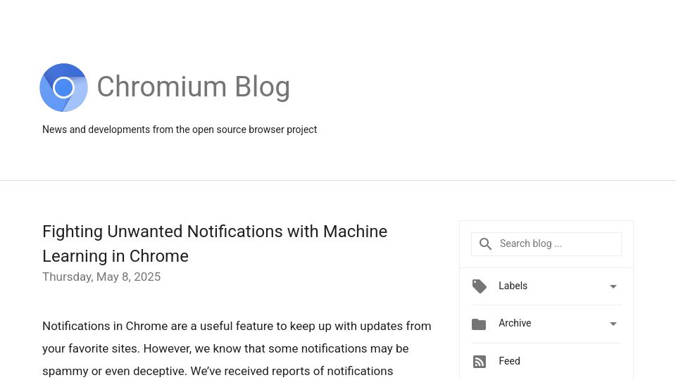 Screenshot of blog.chromium.org: Fighting Unwanted Notifications with Machine Learning in Chrome
