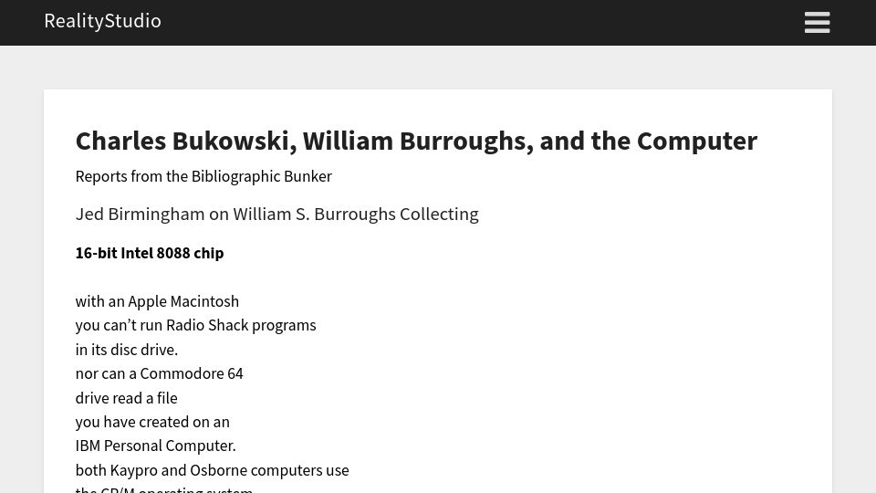 Screenshot of realitystudio.org: Charles Bukowski, William Burroughs, and the Computer (2009)