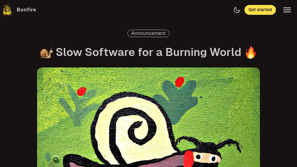 Screenshot of bonfirenetworks.org: Slow software for a burning world