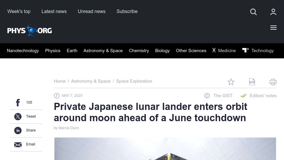 Screenshot of phys.org: Private Japanese lunar lander enters orbit around moon ahead of a June touchdown