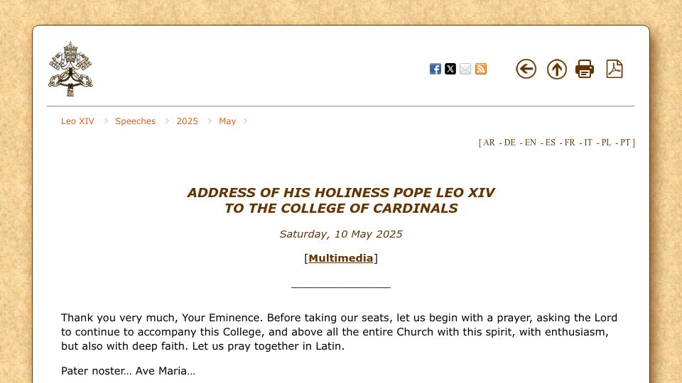 Screenshot of vatican.va: Address of Pope Leo XIV to the College of Cardinals