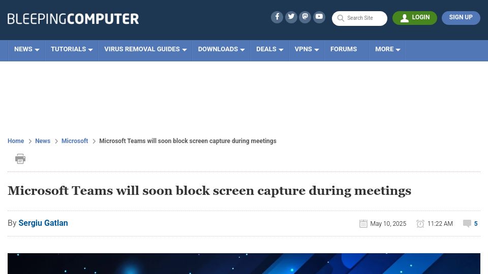 Screenshot of bleepingcomputer.com: Microsoft Teams will soon block screen capture during meetings