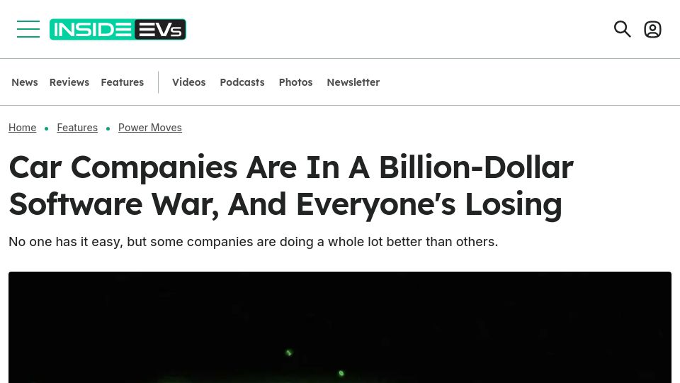 Screenshot of insideevs.com: Car companies are in a billion-dollar software war