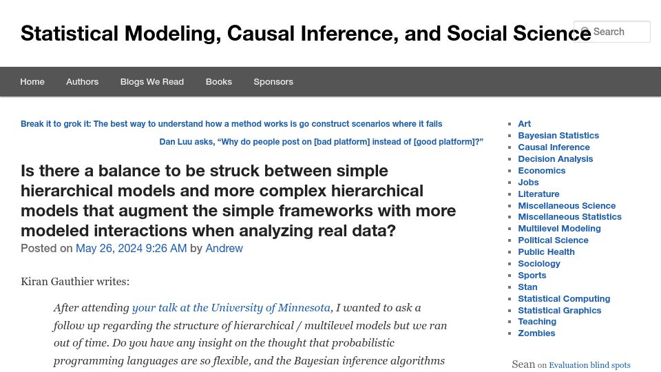 Screenshot of statmodeling.stat.columbia.edu: Is there a balance to be struck between simple hierarchical models and