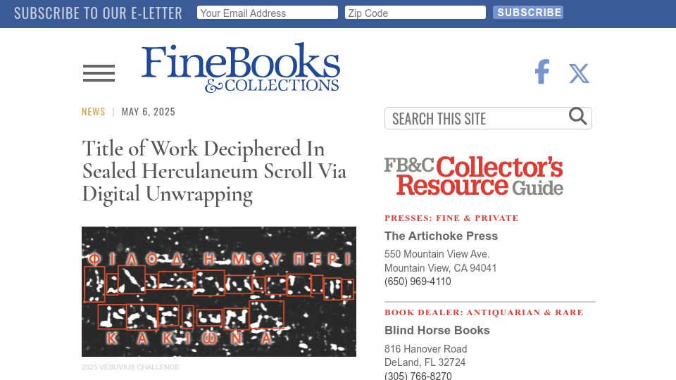 Screenshot of finebooksmagazine.com: Title of work deciphered in sealed Herculaneum scroll via digital unwrapping