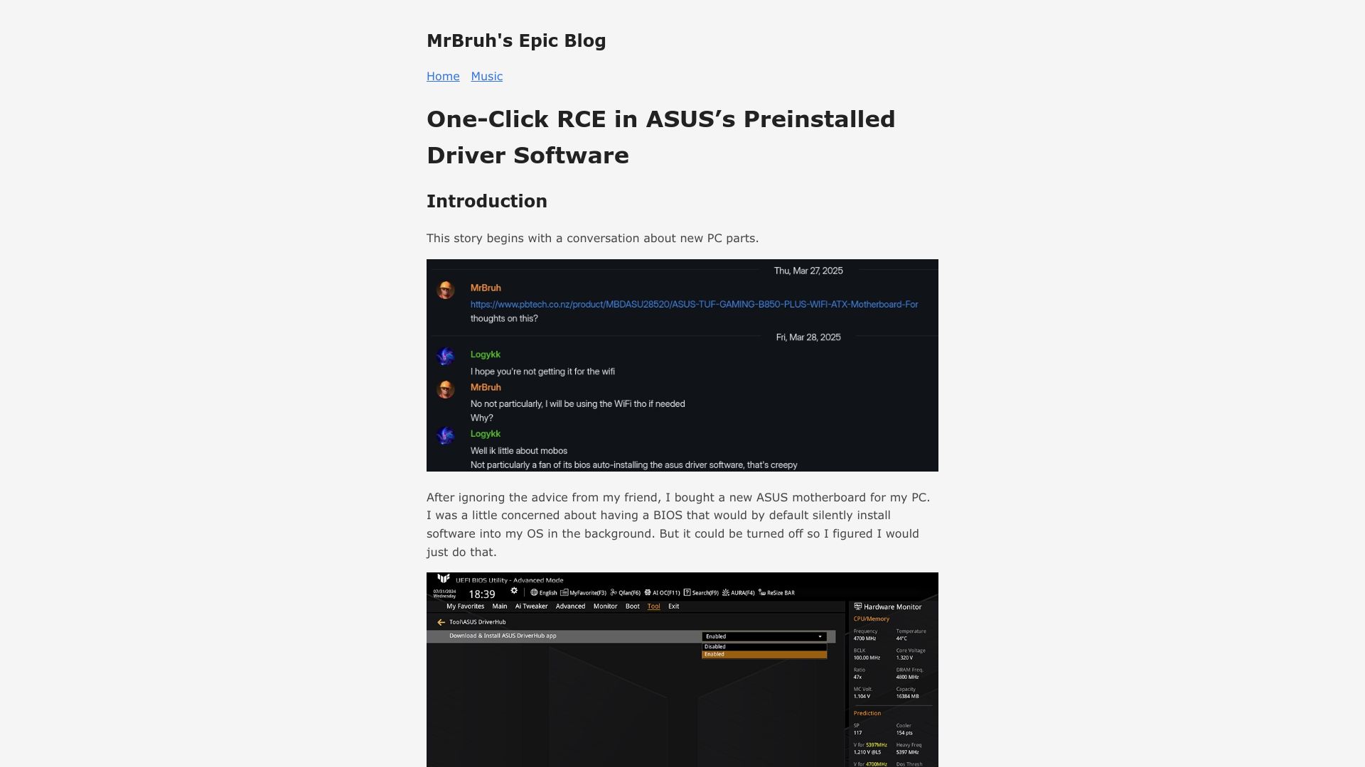 Screenshot of mrbruh.com: One-Click RCE in Asus's Preinstalled Driver Software