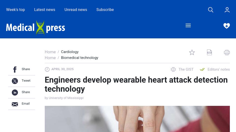 Screenshot of medicalxpress.com: Engineers develop wearable heart attack detection technology