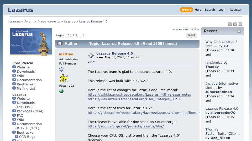 Screenshot of forum.lazarus.freepascal.org: Lazarus Release 4.0