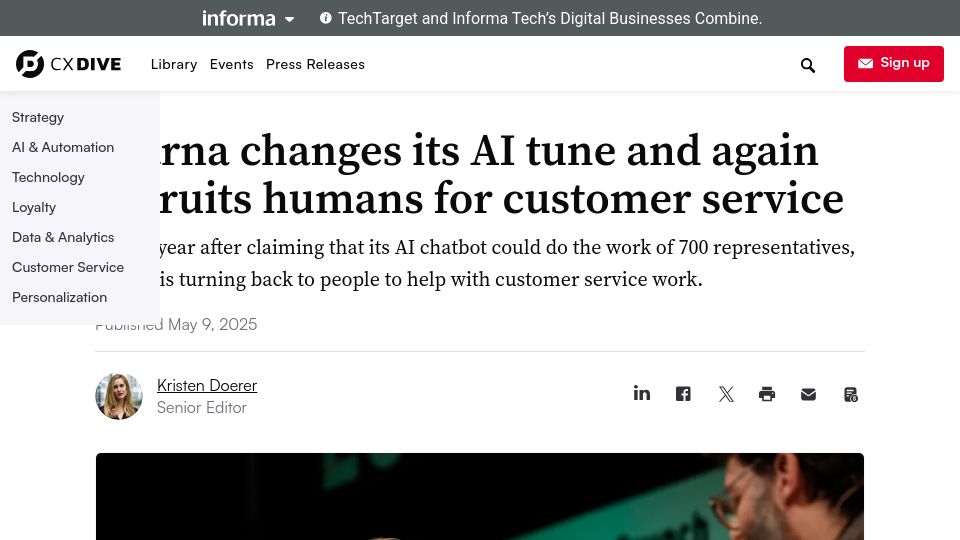 Screenshot of customerexperiencedive.com: Klarna changes its AI tune and again recruits humans for customer service